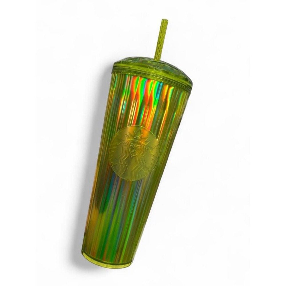 Starbucks 24 oz Neon Green Iridescent Cold Cup Tumbler Straw 1282